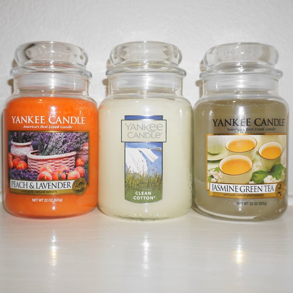Yankee Candle lot (3) Peach & Lavender, Clean Cotton & Jasmine Green Tea